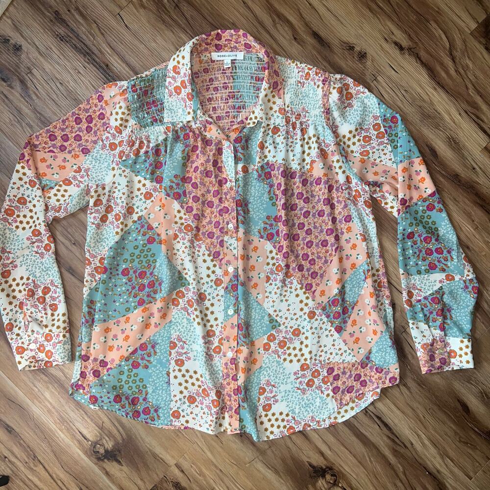 Rose + Olive Colorful Boho Floral Long Sleeve Button Up Size Large